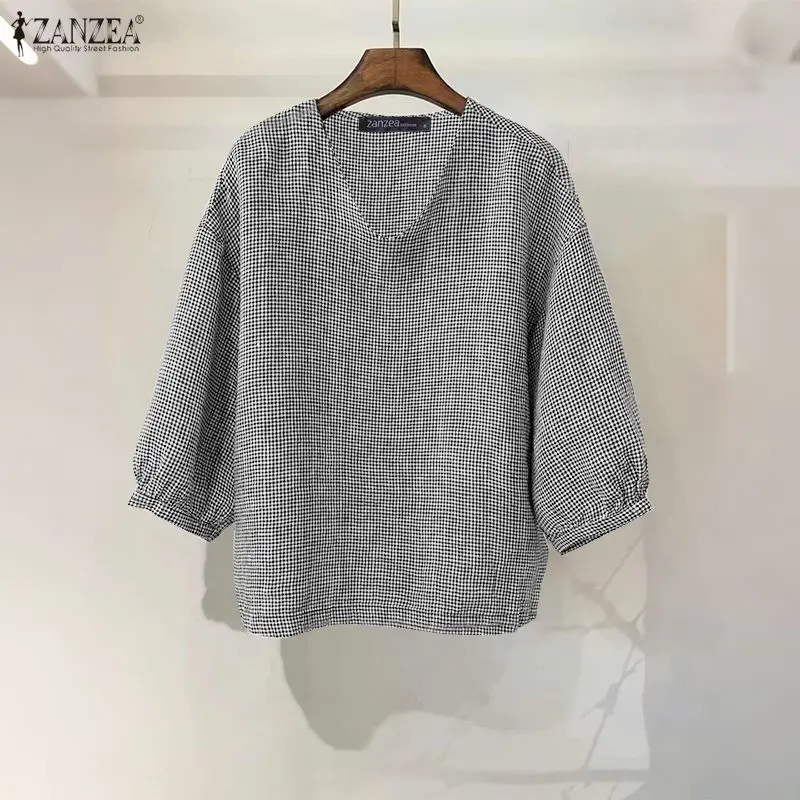 ZANZEA بلوزة كلاسيكية منقوشة موضة النساء على شكل حرف v 3/4 أكمام منتفخة ملابس علوية غير رسمية أنيقة مكتب الشارع الشهير Blusas السيدات تونك