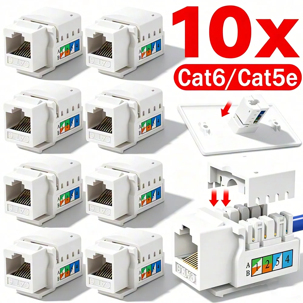 10-1PCS RJ45 Cat6 Cat5e Keystone Jack Crimp-On Network Information Module Ethernet Wall Jack CAT6 CAT5E Network Coupler Adapter