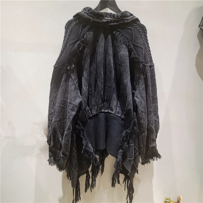ANJY Autumn Winter New Women Trendy Loose Knitted Patchwork Distressed Denim Irregular Frayed Edge Tassel Stylish Jacket  A26309