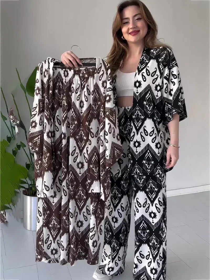 

Women Two Piece Sets Print Pant Set Cardigan V Neck Half Sleeve Shirt Tops Loose Casual Long Wide Leg Pants Summer 2024
