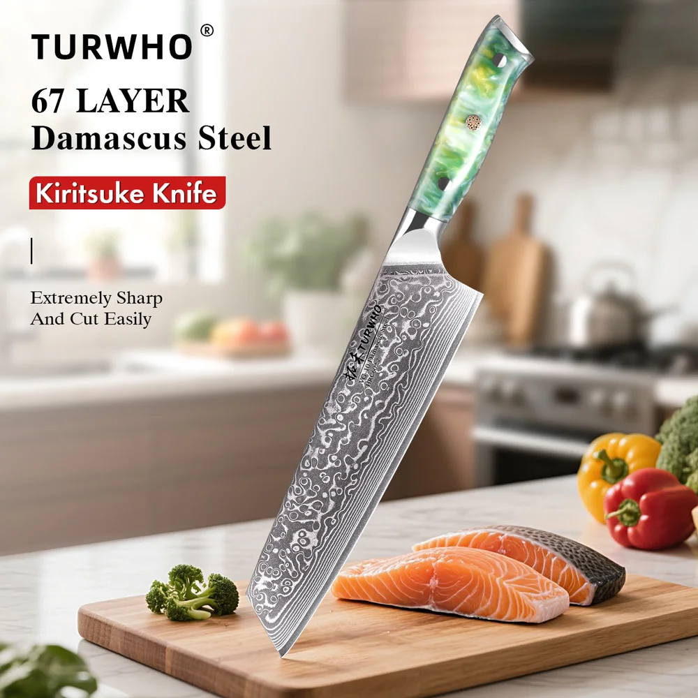 TURWHO 8-inch Kiritsuke Knives 67 Layers Damascus Steel Sharp Blade Chef Knife Meat Cutting Kitchen Cooking Tools Rsin Handle