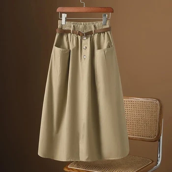 2024 neue Frühling Herbst frauen Rock Solide Alle-spiel Taschen Elastizität Hohe Taille A-line Casual Mode Große schaukel Rock