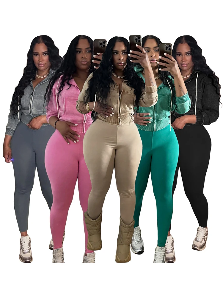 

Fashion Women's Sets Mineral Wash Zipper Hooded Fleece Jacket Top and Yoga Pants 2025 Autumn Winter Sports Casual Two Piece Set