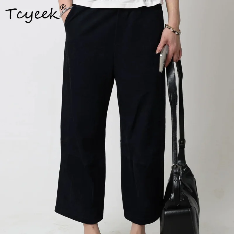 Tcyeek Real Sheepskin Pants for Women 2026 Cozy Leather Women's Clothes High Quality Casual Pants Elastic Waist Trousers Брюки