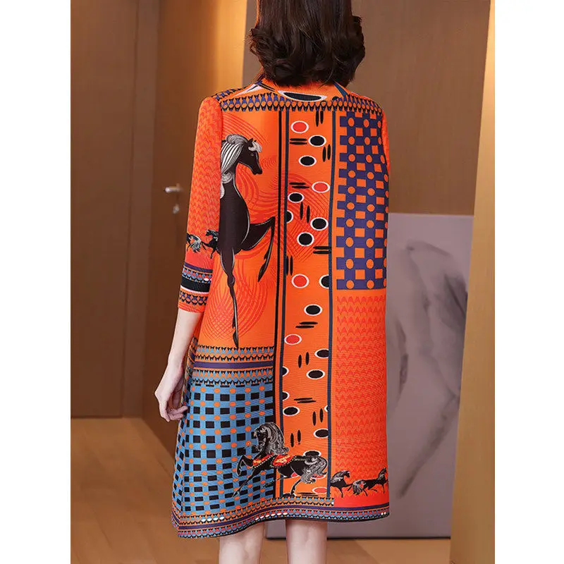 Fashion retro plexue dress female 2023 spring national wind printed high-end foreign air large A word skirt long sleeve dress