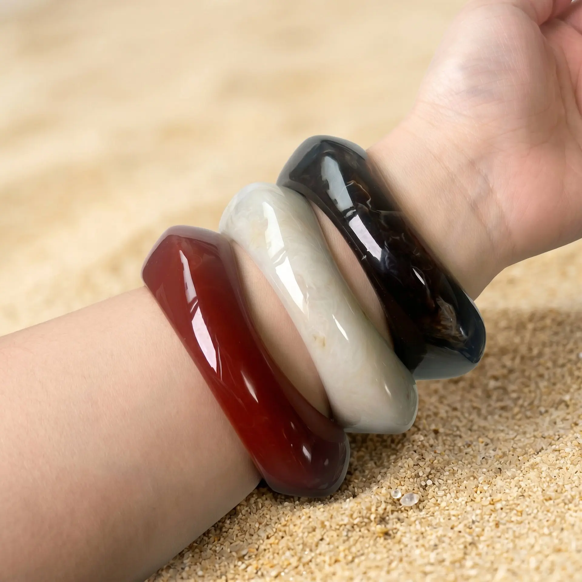 3Pcs/Set Vintage Irregular Geometry Chunky Resin Acrylic Bangles for Women Boho Wide Chunky Stackable Bracelets Hand Jewelry