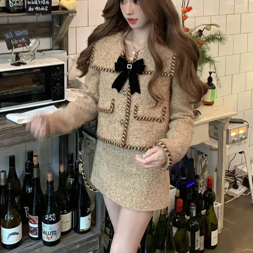 Korea New Winter Luxury Two Piece Set Women Bow Jacket Coat Ladies Autumn Elegant Skirt Suits Outfits