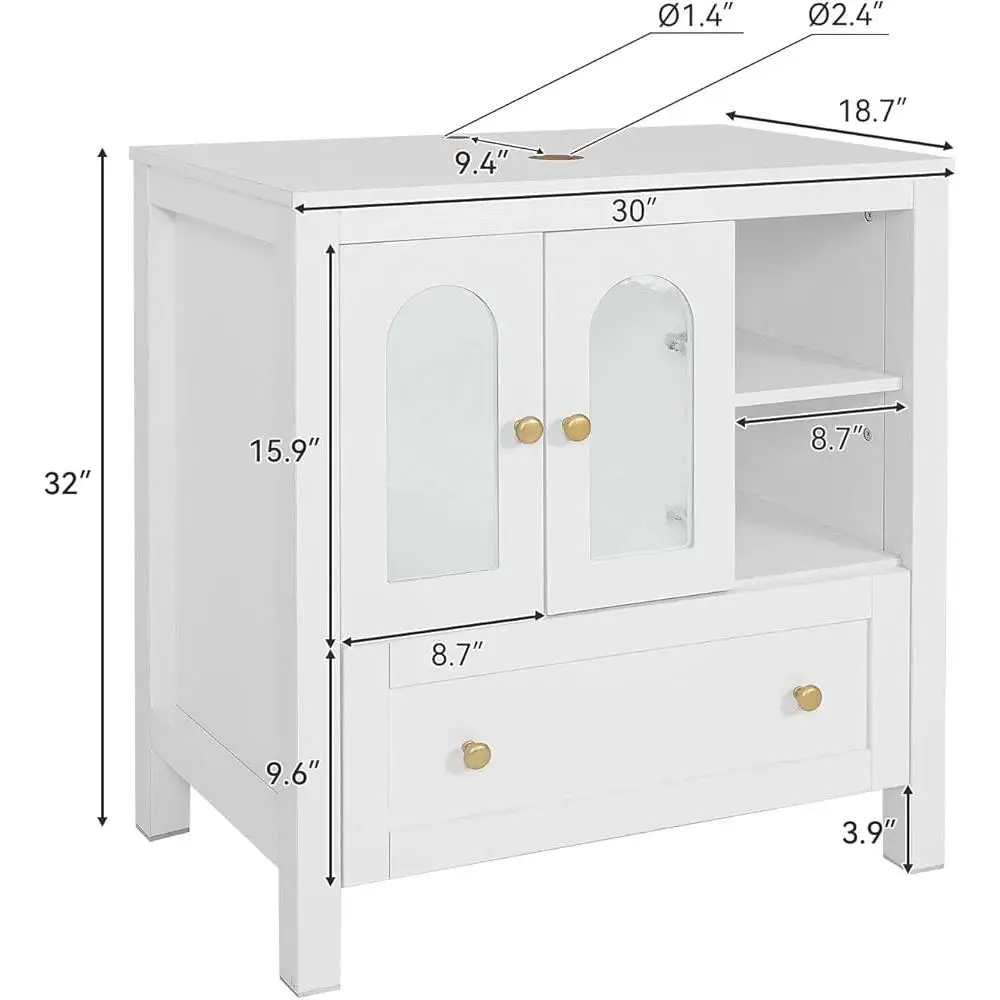 Vaidade de banheiro moderna de 30 polegadas com design de ondulação de água Armário resistente com tampo de pia de vidro de folha prateada