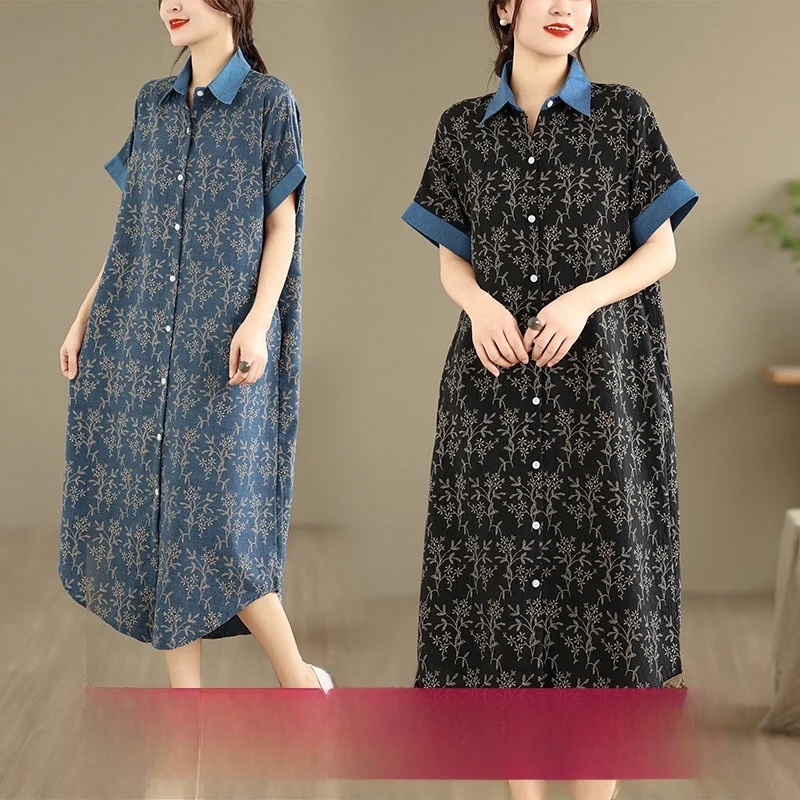 

Loose Cotton Denim Shirt Dress Summer Thin Short Sleeve Women's plus Size Clothing Straight Cut Printed Dress Artistic Style