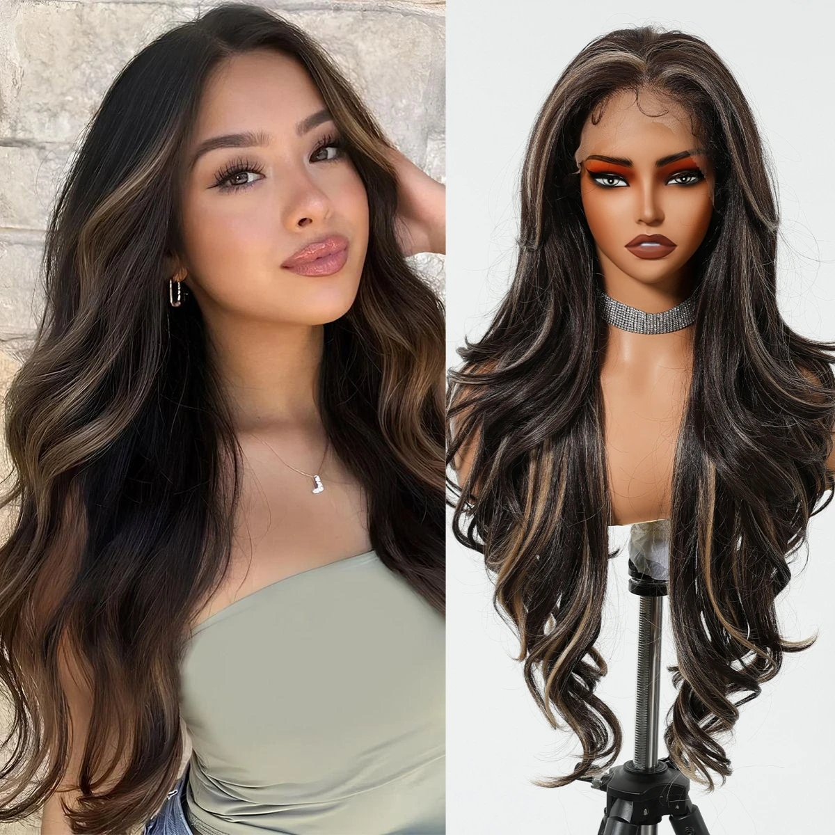 

HAIRCUBE Коричневые Блондинки Выделенные Парики С Волосами Младенца Длинный Волнистый Вьющийся Парик Для Повседневной Вечеринки 13*4 Синтетические Парики Фронта Шнурка Для Женщин