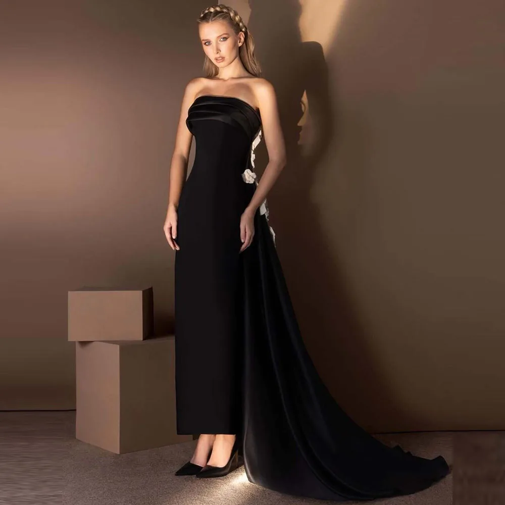 

Черное платье в Саудовской Аравии по индивидуальному заказу, без бретелек, длиной до пола, вечерние платья, вечернее платье без рукавов с цветами