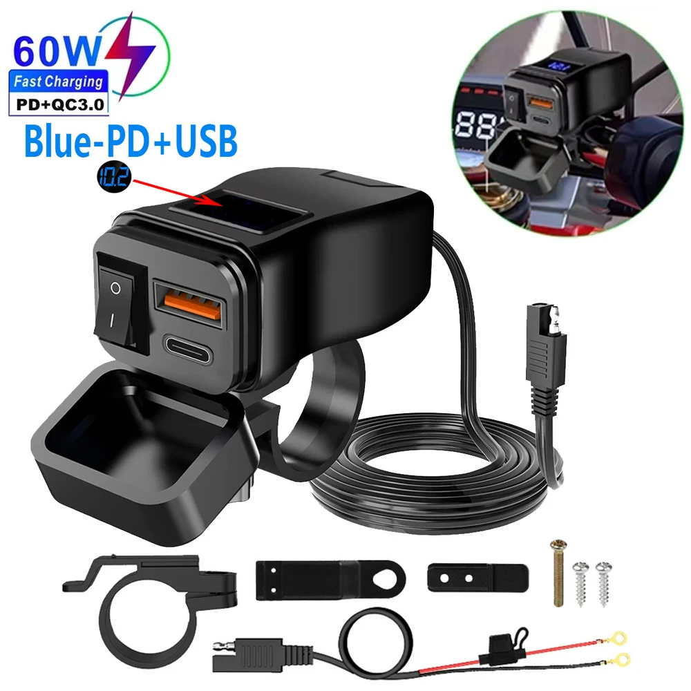 Pd+Qc3.0 Motorcycle Usb Fast Charger 60W Handlebar Dual Usb Socket with Switch Voltmeter Waterproof 12V Power Supply Adapter