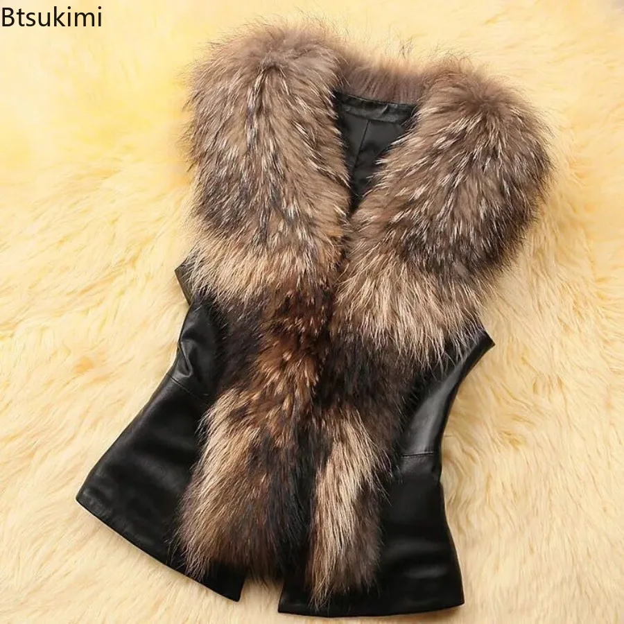 New Winter Women Fur Vest Female PU Leather Waistcoat 2026 New Ladies PU Leather Splicing Faux Fox Fur Collar Sleeveless Jacket