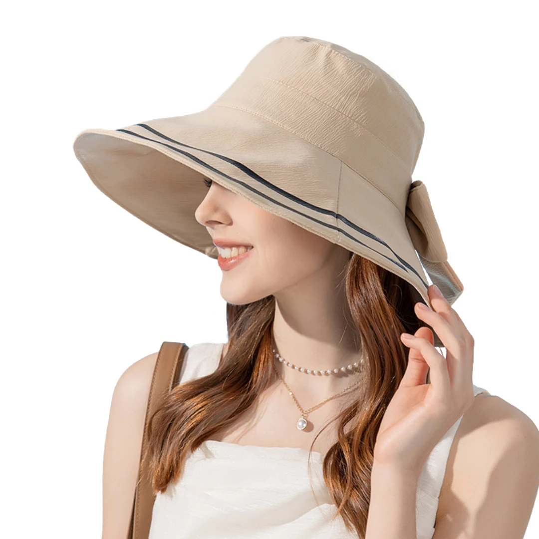 Women Summer Folding Bucket Hat for Beach Holiday Lady Spring Striped Bowler for Outdoor Sunscreen Elegant Sun Protection Cap