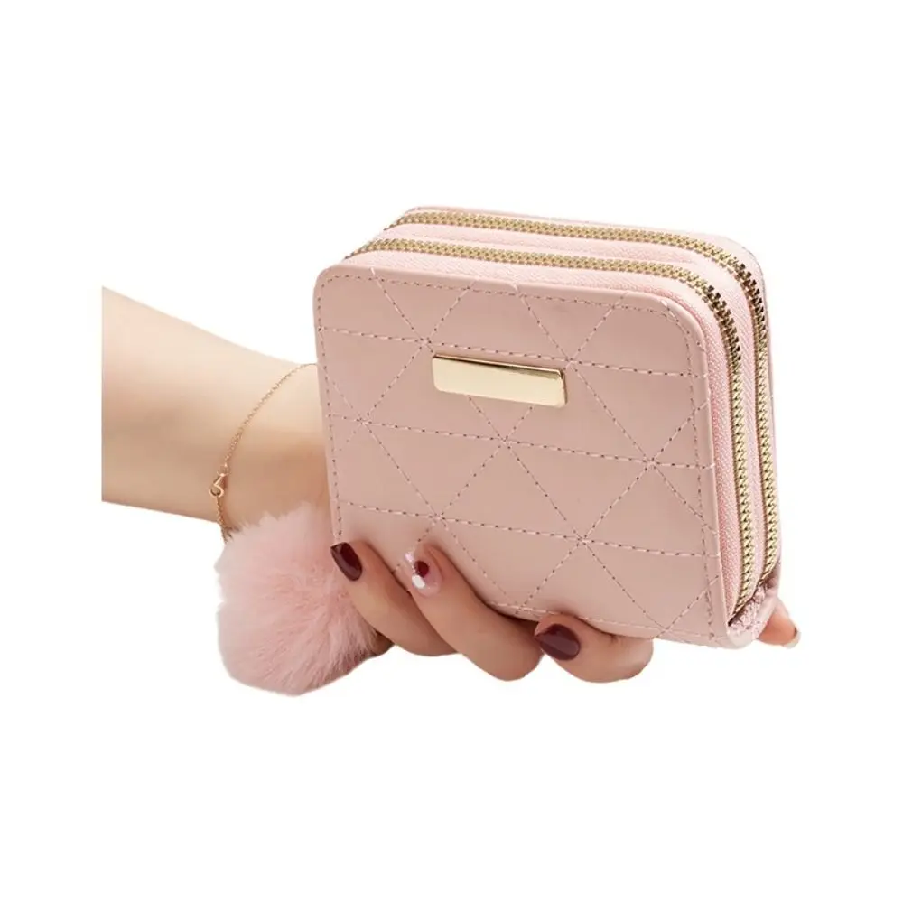 Pu Leather Short Wallet Solid Color Accordion Card Slots Credit Card Holder Large Capacity Double Zipper Pocket Ladies Purse