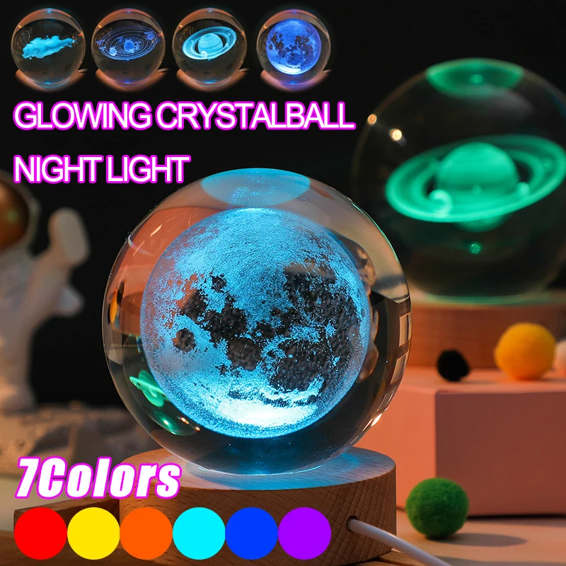 3D Crystal Lights Lamp Glowing Planetary Galaxy Night Light Crystal Ball Night Lights Bedside Light Home Decor Christmas Gift