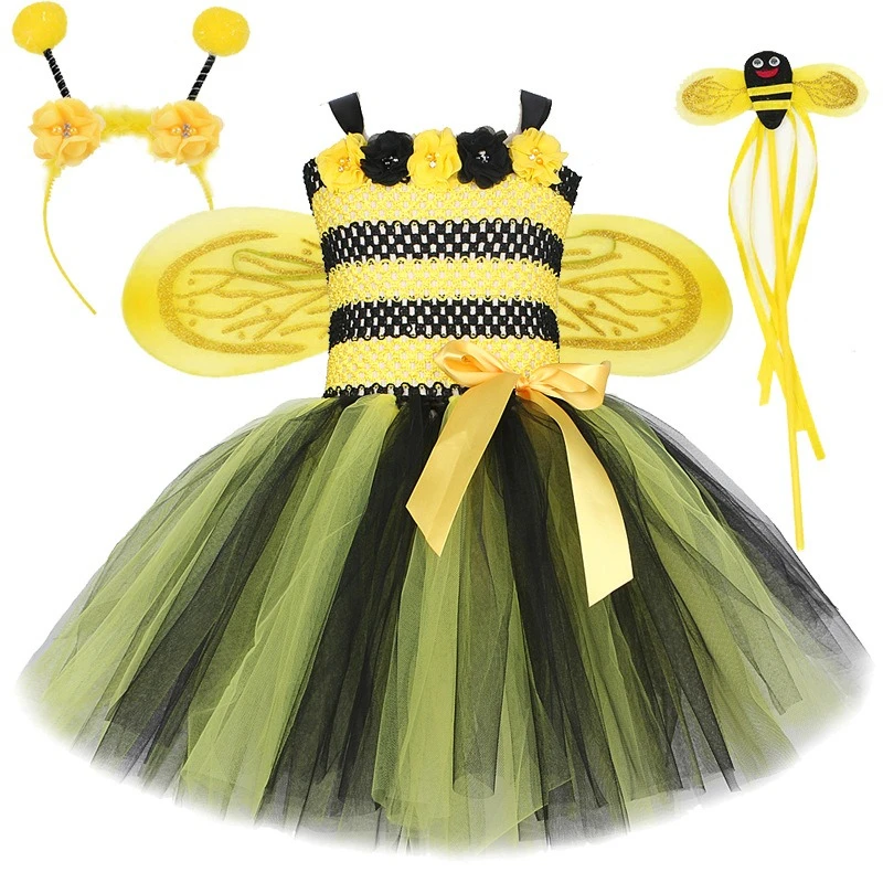 

Baby Girls for Yellow Black Honeybee Costumes Birthday Halloween Dresses for Kids Little Bee Ballet Tutus Outfit with Wings Set