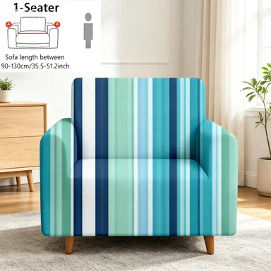 BlueGreenStripe Easy Care SofaCover,YellowWhiteVertical Stripe Washable Slipcover,Colorful Hand-Drawn Floral Dustproof Protector