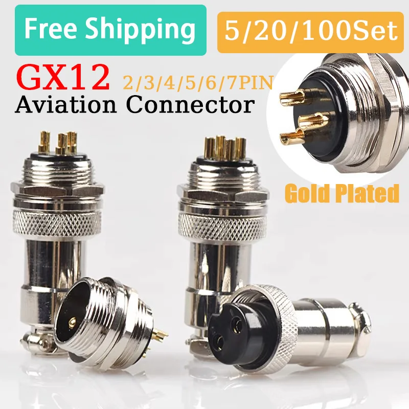 

5/20/100Set GX12 2 3 4 5 6 7 PIN Gold Plated Aviation Socket Plug Male Female 12mm M12 Wire Panel Circular Connector DF12 M12