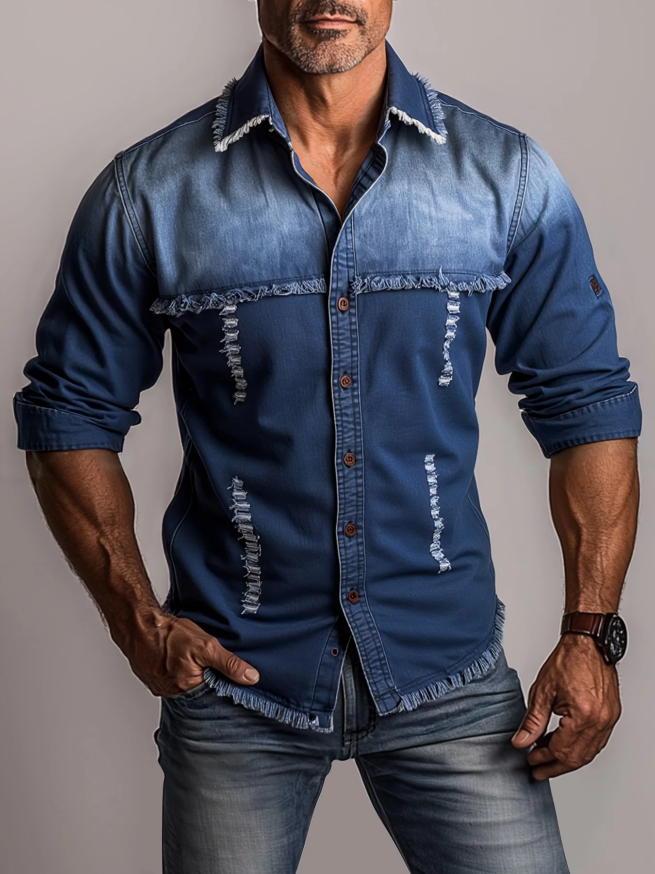 

Мужская осенне-зимняя джинсовая рубашка с длинным рукавом, модная синяя рубашка с градиентом, повседневная куртка, элитная джинсовая рубашка с двойным карманом