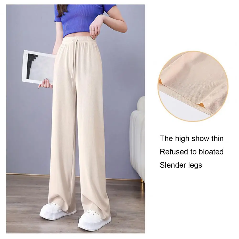 

Elastic Waist Summer Pants Stylish Women's Ice Silk Wide Leg Pants with Adjustable Drawstring Waist Solid Color for Daily