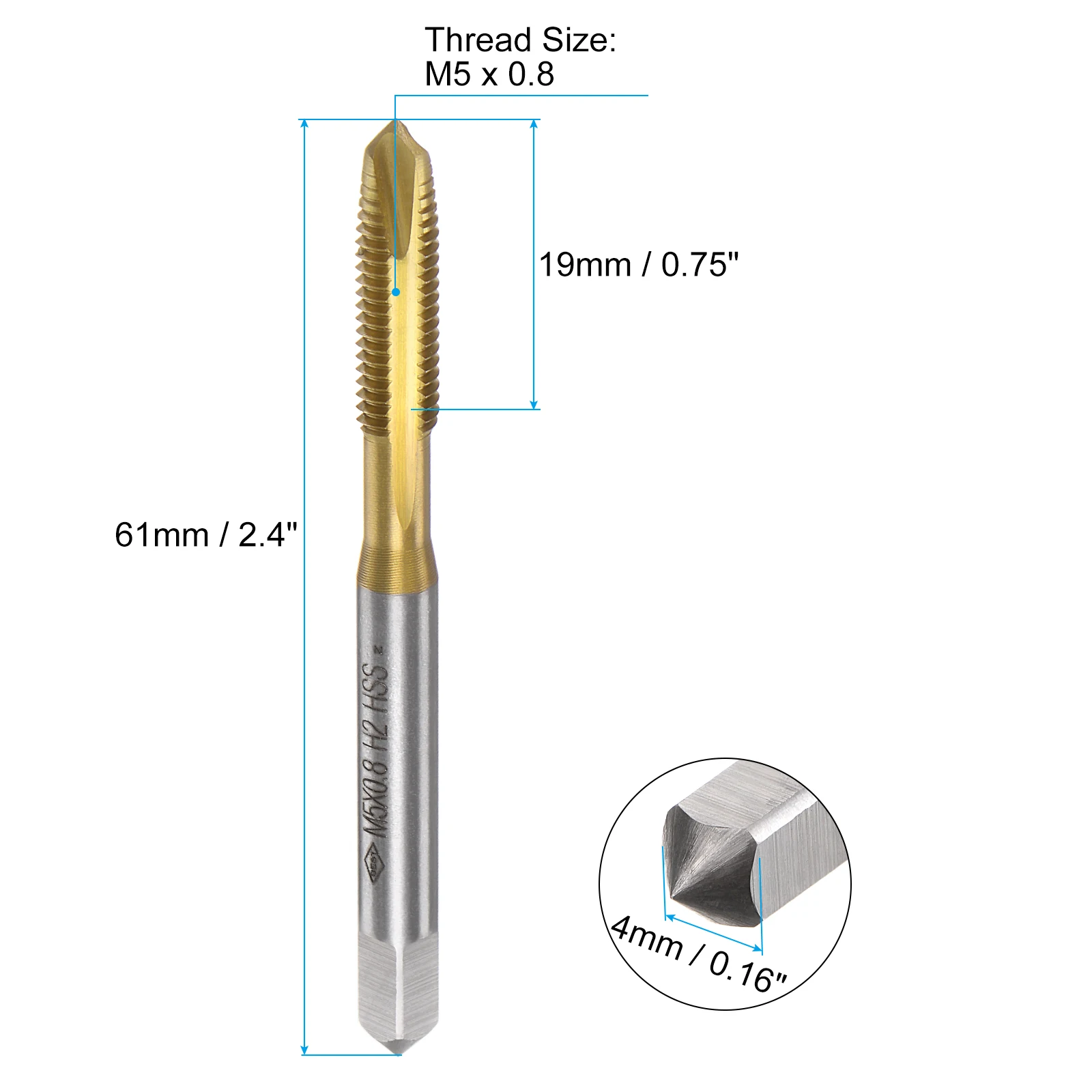 4pcs Spiral Point Tap M3 x 0.5 M4 x 0.7 M5 x 0.8 M6 x 1 Metric Thread High Speed Steel Titanium Coated Right Hand Thread Tap