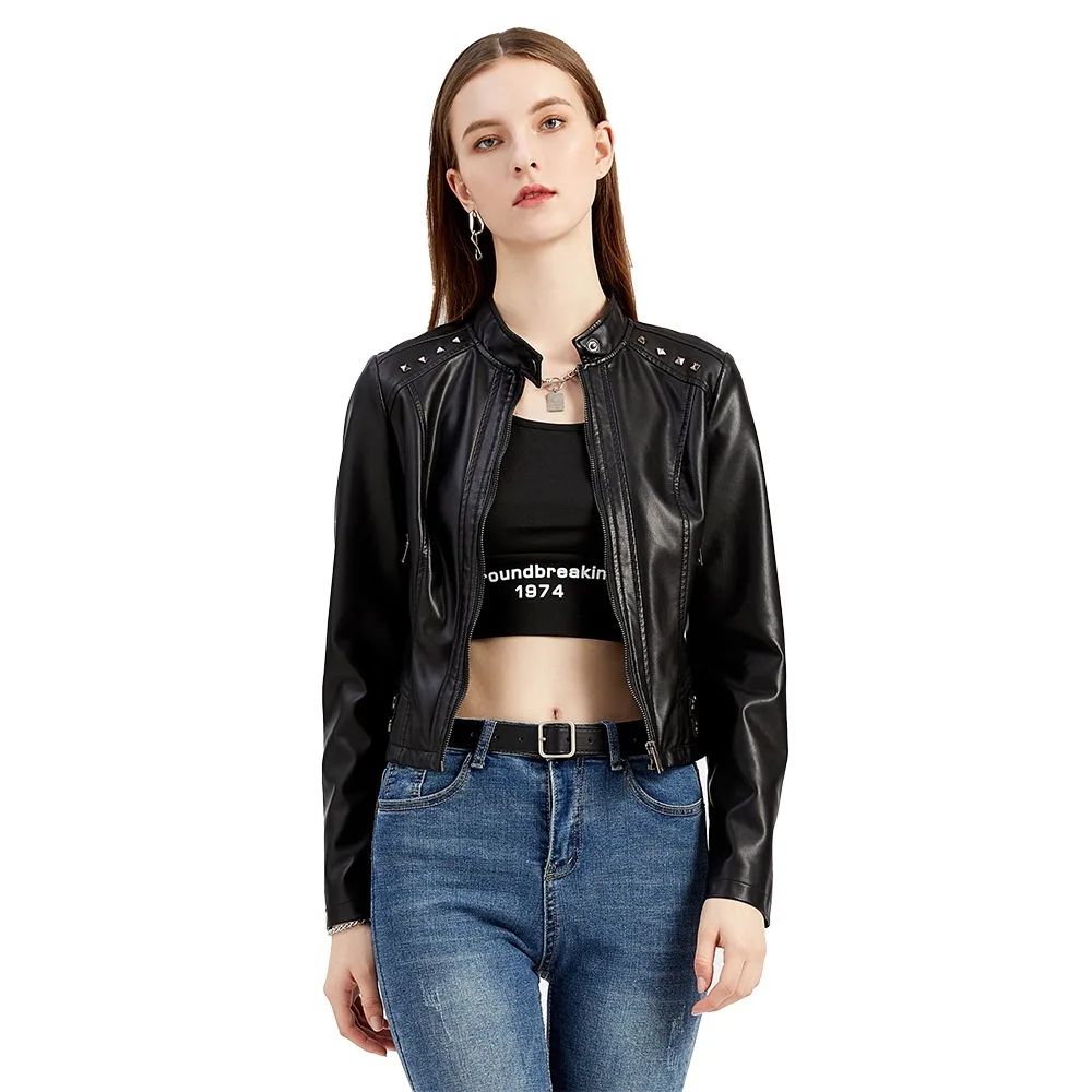 

Women's New Spring Autumn Rivet Stand-Up Collar Long Sleeve Fashion Leather Jacket