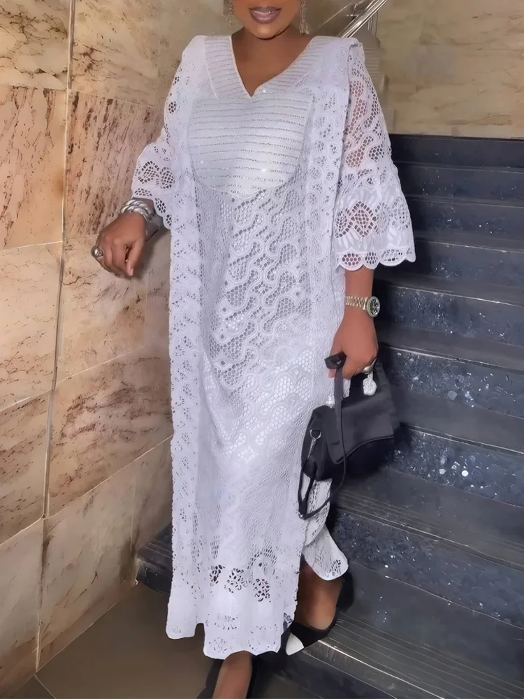 White Lace Dresses For Women Wedding Party Evening Gown African Traditional Dress Two Piece Set Clothing 2025 Dubai Hijab Abayas