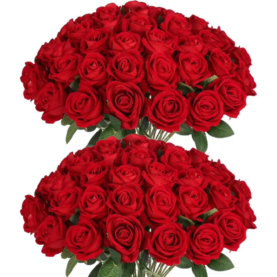 

PCS Fake Red Roses, Artificial Red Flowers Bulk Realistic Silk Faux Rose with Stems for Wedding Decoration Anniversary Bridal Bo