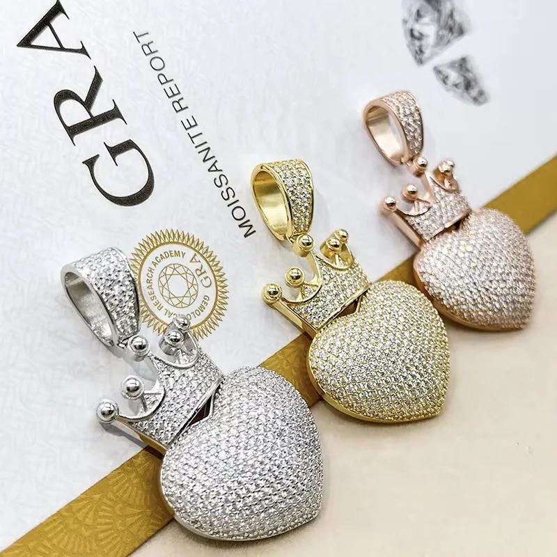 Hip Hop Jewelry Pass Diamond Tester 925 Sterling Silver Bling Iced Out GRA VVS Moissanite Crown Heart Pendant For Men Women