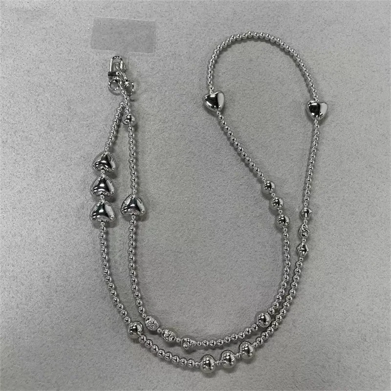 Korea Cute Silver Love Heart Bead Oblique Span Chain Phone Bracelet Charm Chain Knot Cellphone Lanyard Keychain Bag Long Lanyard