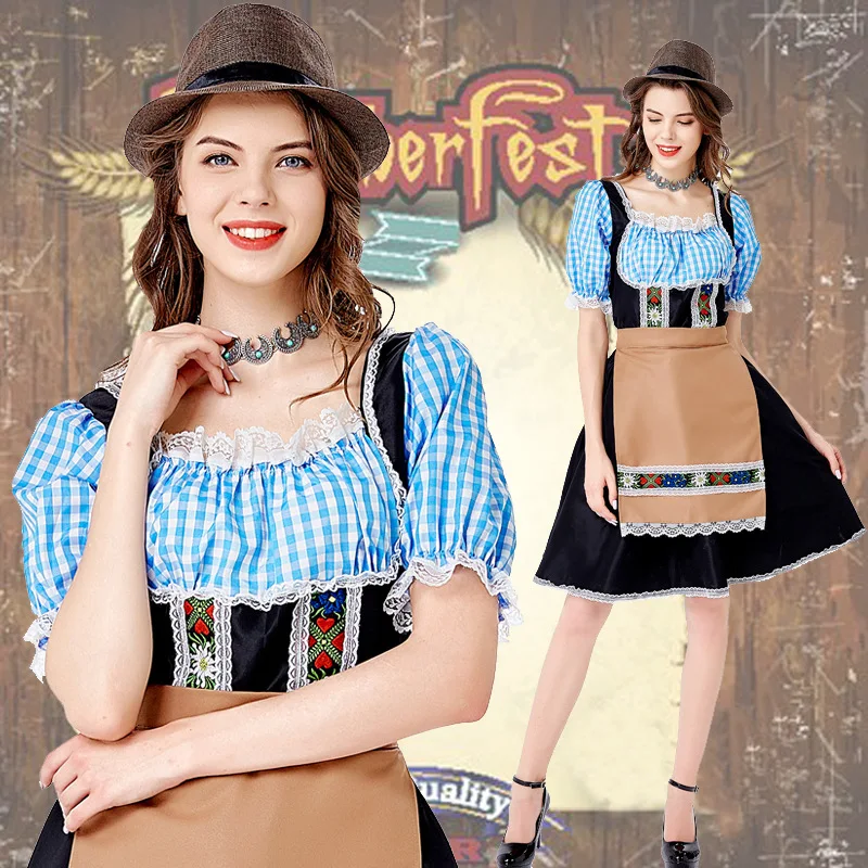 

Women Oktoberfest Costume Outfits Adult German Oktoberfest Dress Ccarnival Party Beer Dress with Apron Beer Suit M-XL Blue Plaid