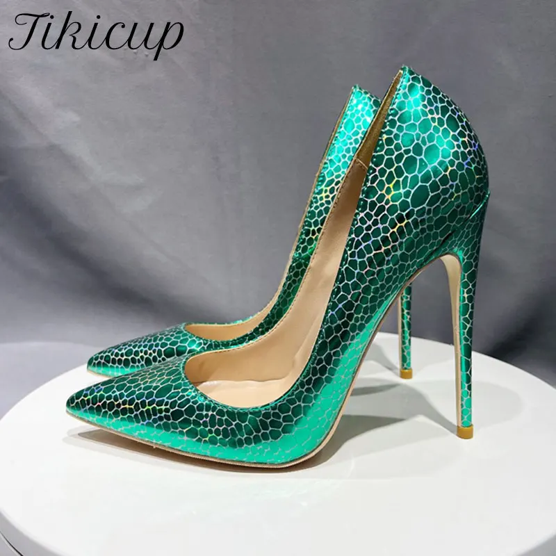 Tikicup Green Printed Women Pointy Toe High Heel Shoes Formal Sexy Celebrity Ladies Dress Slip On Stiletto Pumps Plus Size 33-46