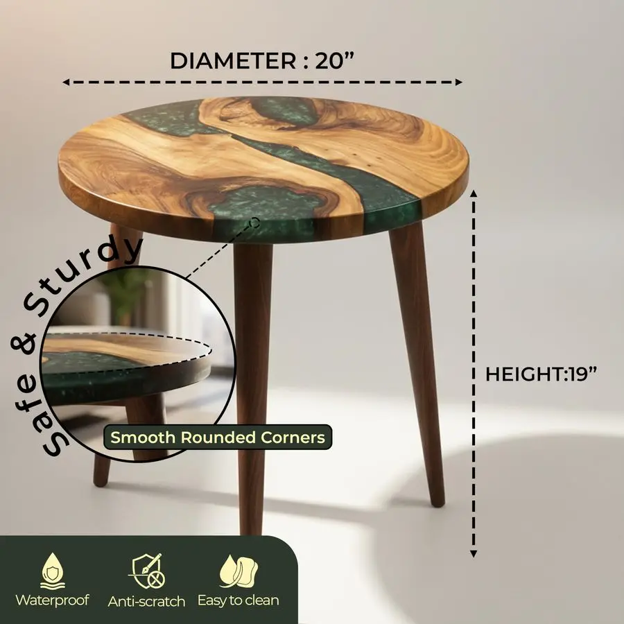 الراتنج الجوز طاولة جانبية مستديرة الايبوكسي نهاية الجدول طاولة القهوة منتصف القرن الحديثة الراتنج الجوز أثاث غرفة المعيشة اللون الأخضر