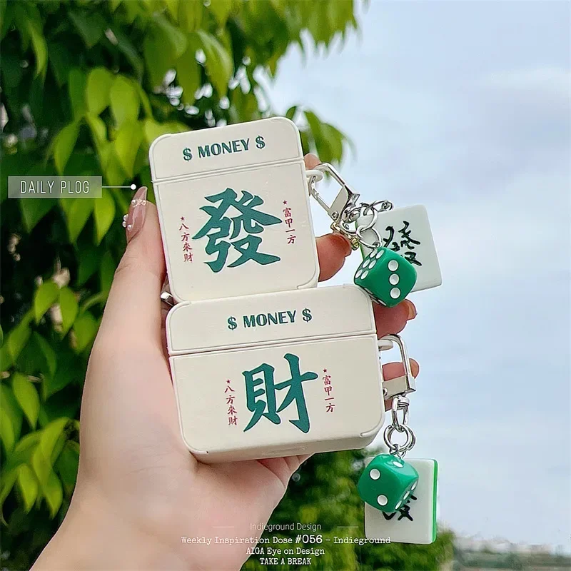 Mahjong Pendant Case for AirPods 4 Airpod 1 2 3 Pro Pro2 Bluetooth Earbuds Charging Box Protective Earphone Case Cover
