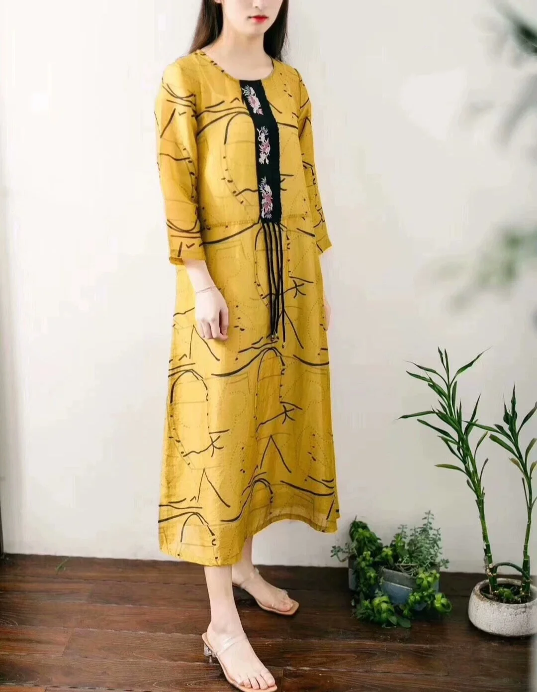 Vintage silk linen yellow Sunscreen dress national style embroidery Two piece set dresses high quality female clothing