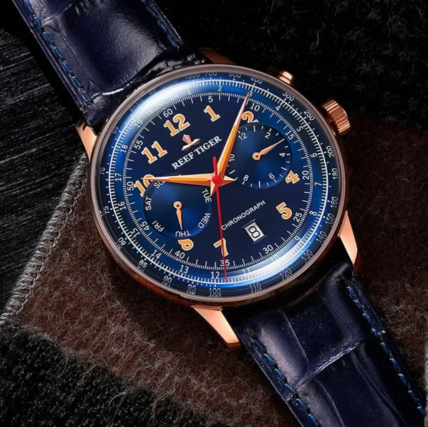 Reef Tiger Heren Automatisch Horloge 44 Mm Panda Mechanisch Horloge Saffier Multi-Dial Jaar Week Datum Mioyota 9122