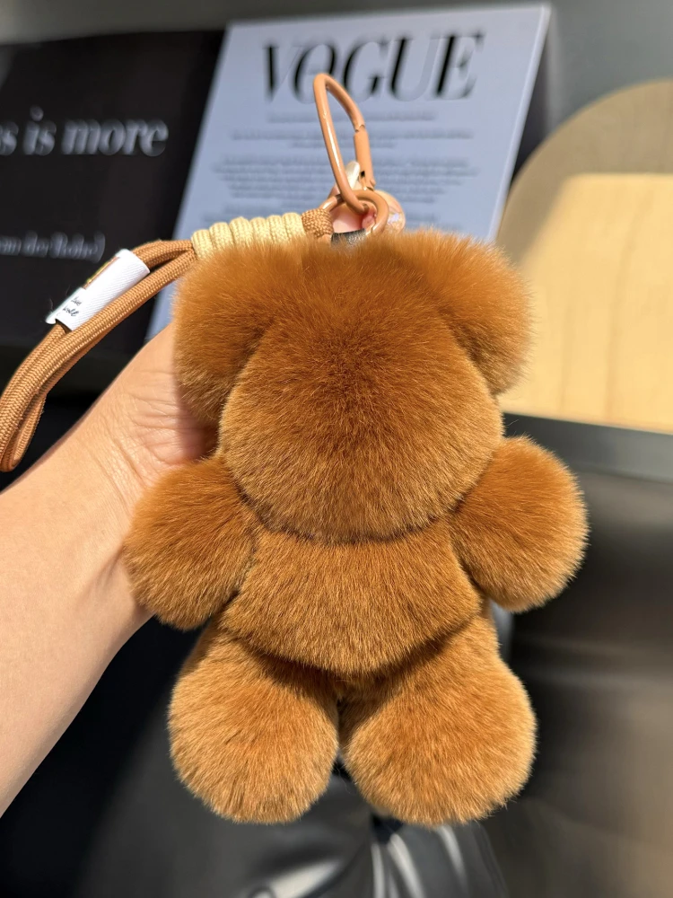 Adorable Bear Plush Keychain Carabiner Real  Rabbit Fur Soft Toy School Bag Decoration Gift Toy Bear Plush Keychain
