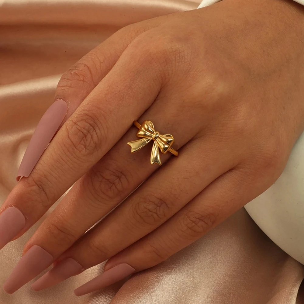DOTIFI  Stainless Steel Bow Open Ring Female French Elegant Romantic Princess Noble Simple Design Jewelry Accessories Gifts