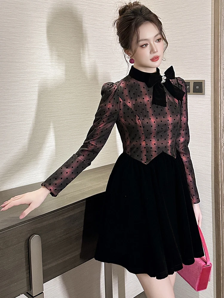 ชุดเดรสสไตล์วินเทจฝรั่งเศสสำหรับผู้หญิง น่ารัก ลายจุด ลายสก็อต ตัดต่อสีดำ ทรงบอลกาวน์ สไตล์คาวาอี้ ชุดเดรสสั้นสำหรับออกเดท เสื้อผ้าผู้หญิง