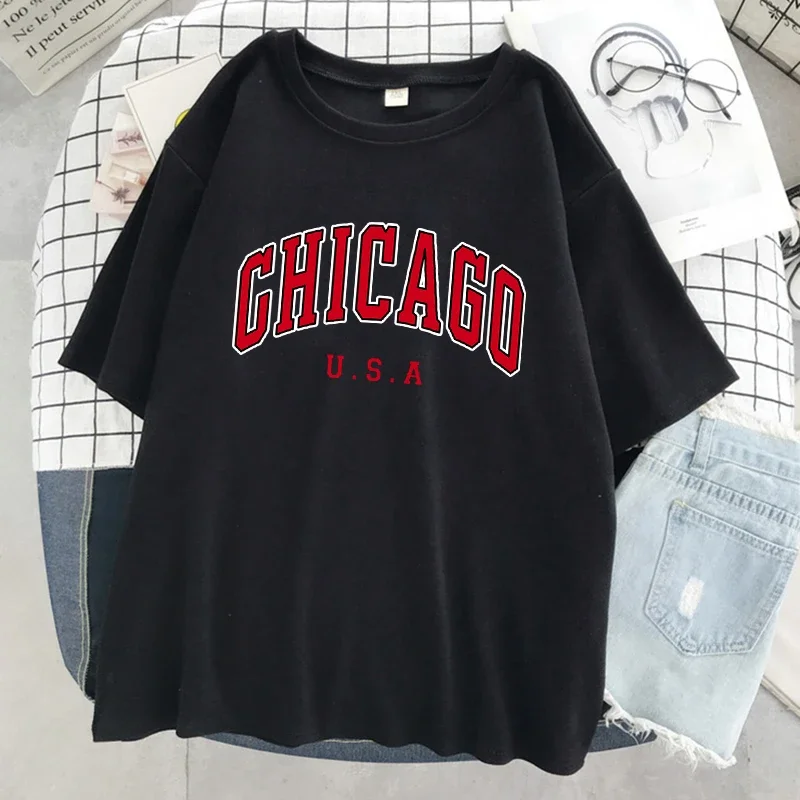 Chicago Usa City Letter Graphic Print Women T Shirt Street Summer Tshirt Casual Oversize Short Sleeve Breathable Cool T-Shirt