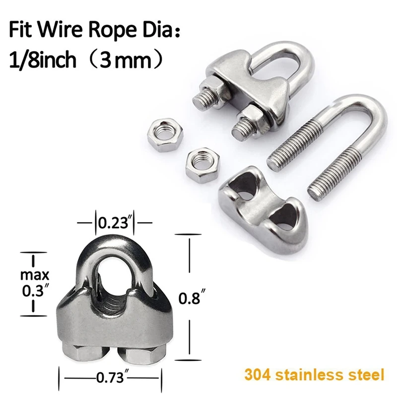 80Pcs Heavy Duty Wire Rope Tension Kits Turnbuckle 1/8 Inch Wire Rope Cable Clip/Clamp Thimble Wire Rope Aluminum Sleeve