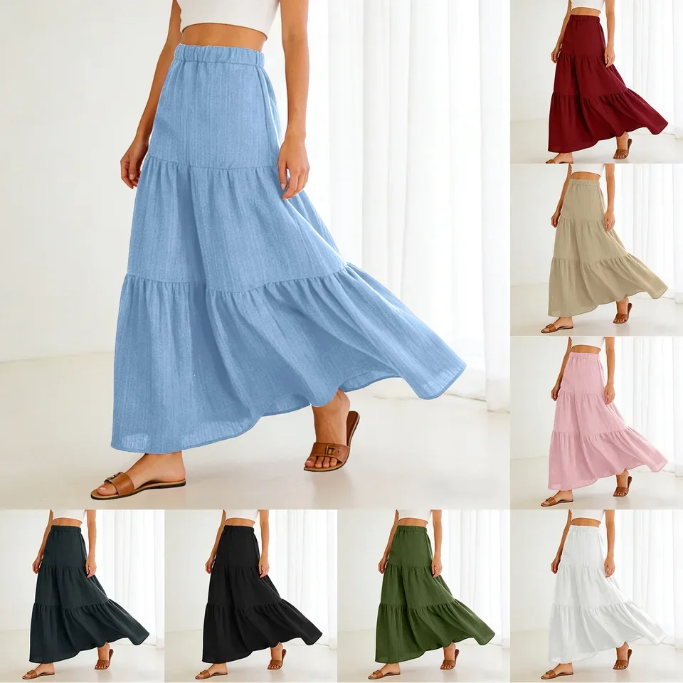 Women Flowy Maxi Skirts Summer Casual Solid Color Elastic Waist A Line Boho Skirt Beach Woman Korean Elastic Waist Midi Skirt