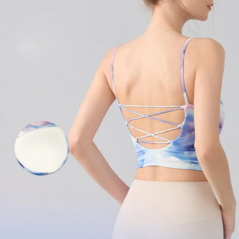 

Sleeveless Printed Dye Padded Yoga Vests Beauty Back Cross Straps Gym Crop Tops Sports Bras Workout Tank Tops Fitness Sportswear