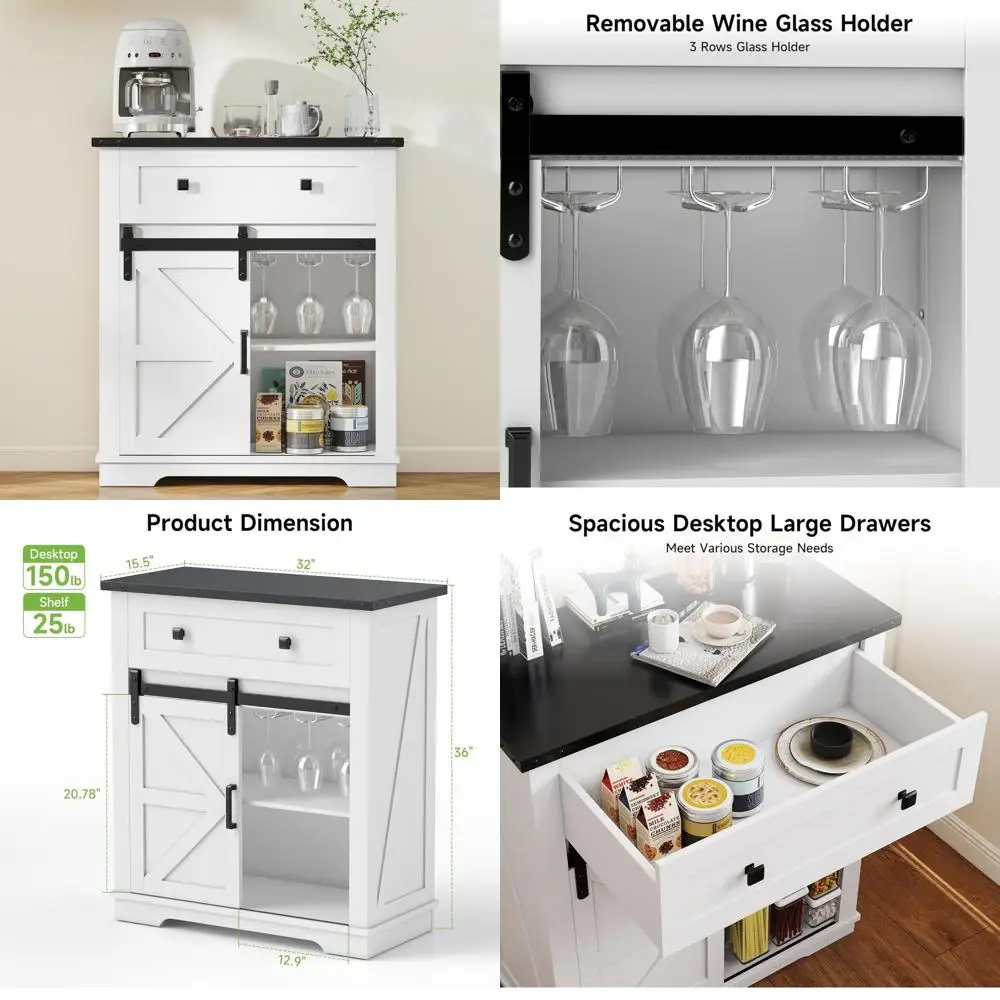 بوفيه خزانة جانبية ريفية مع مساحة تخزين وحامل كأس للنبيذ وباب حظيرة منزلق