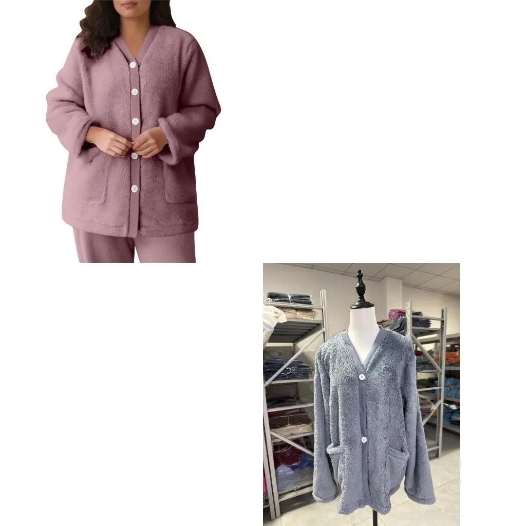 

Женский пушистый флисовый халат с длинными рукавами на пуговицах, плюшевый пижамный верх, теплое пальто с карманами для и отдыха