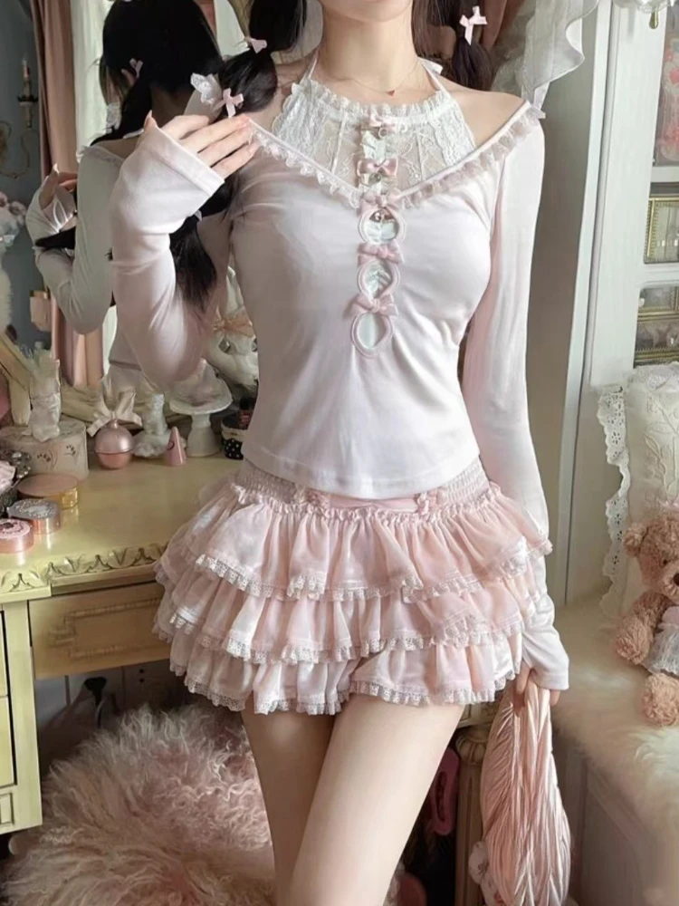 Japanese Lolita Kawaii 3-Piece Set Women Korean Sweet Cute Skirt Suit Female Pink Y2k Blouse + Suspender Vest + Party Mini Skirt image 6