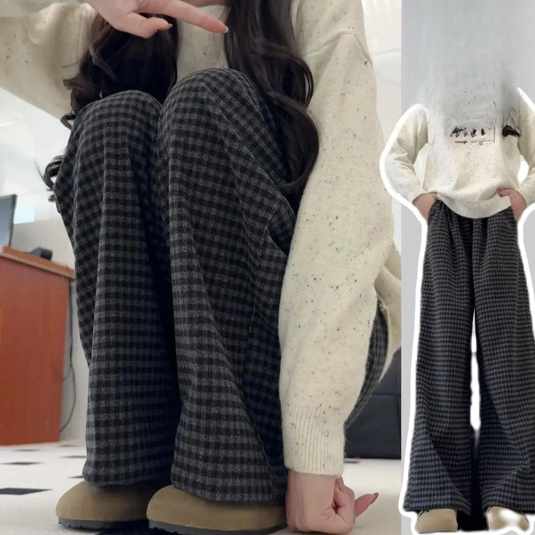 Hose mit weitem Bein, unregelmäßig, für Damen, Herbst, Polyester, A-Linie, Schule, Lounge, kariert, gefüttert, kariert, Jacquard, Damen, Cord, Patchwork, Retro