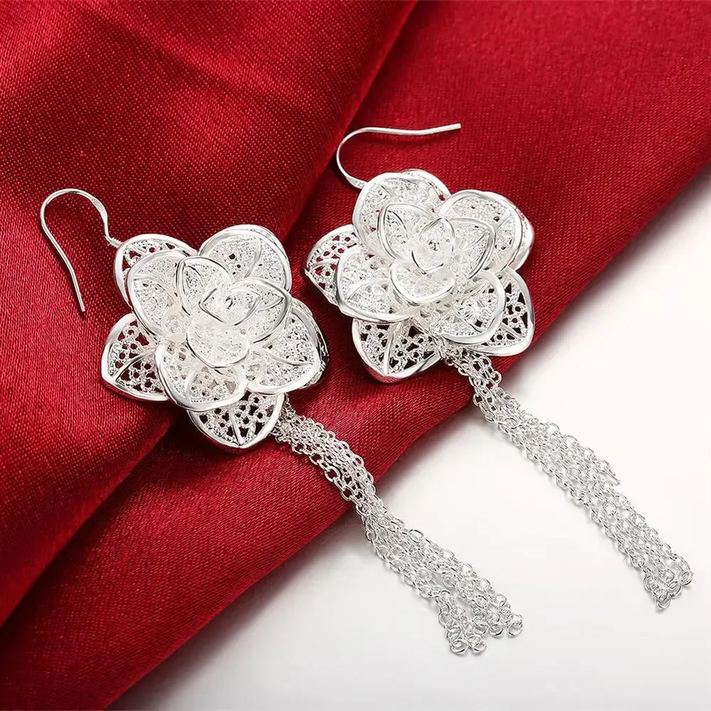 Classic 925 Sterling Silver tassel Flowers drop earrings for Women high quality party wedding Jewelry fashion Christmas Gifts