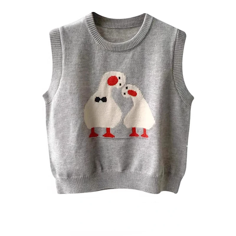 E-Girl Loose Cartoon Duck Jacquard Autumn Casual Sleeveless Women Sweaters Vest O Neck Pullovers Sweet Chic Fashion Jumpers